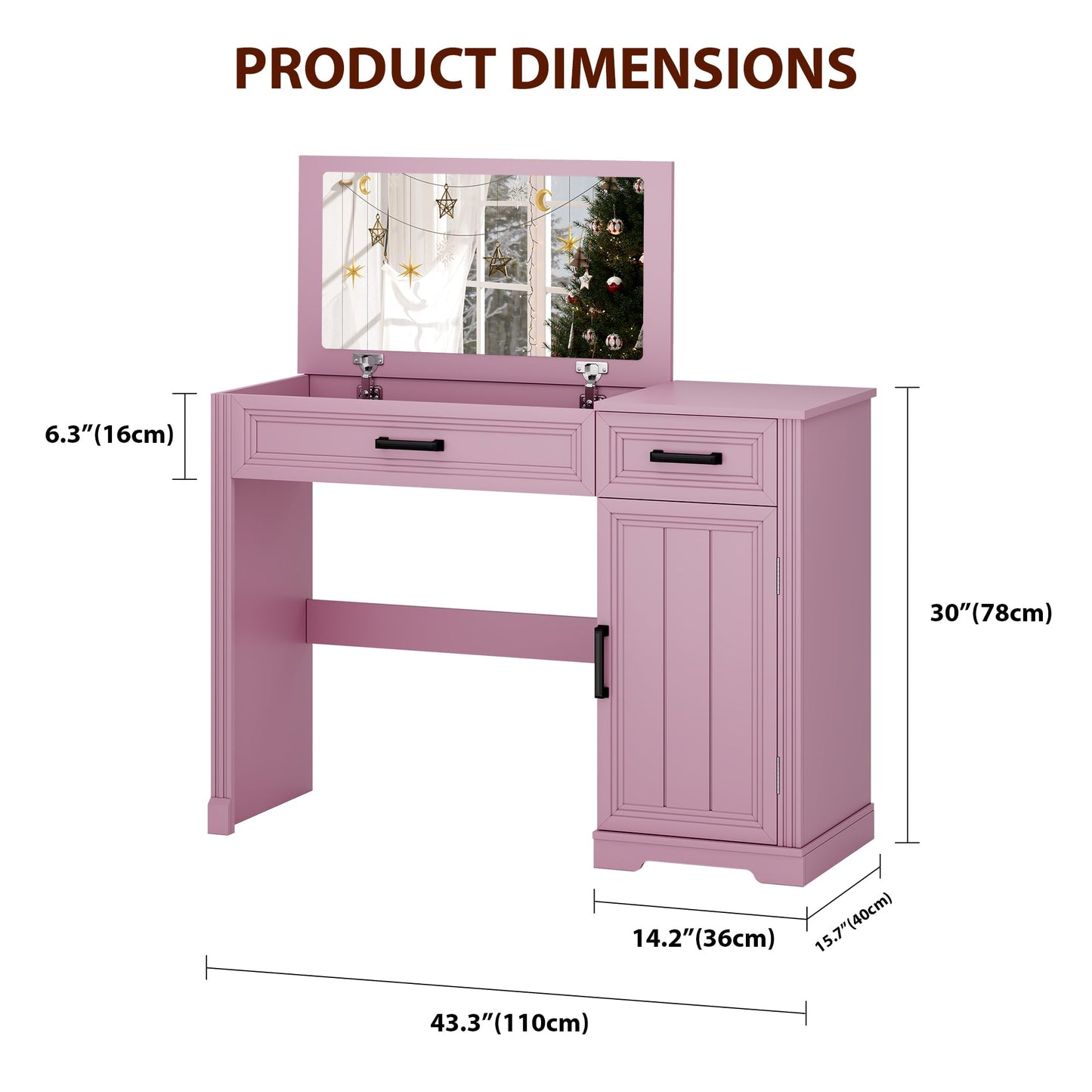 FOMNEY Farmhouse Vanity Desk with Flip Top Mirror, 43.3" W Makeup Vanity with Drawers, Storage Cabinet, Dressing Make Up Vanity Table for Bedroom, Wood Home Office Desk, Pink