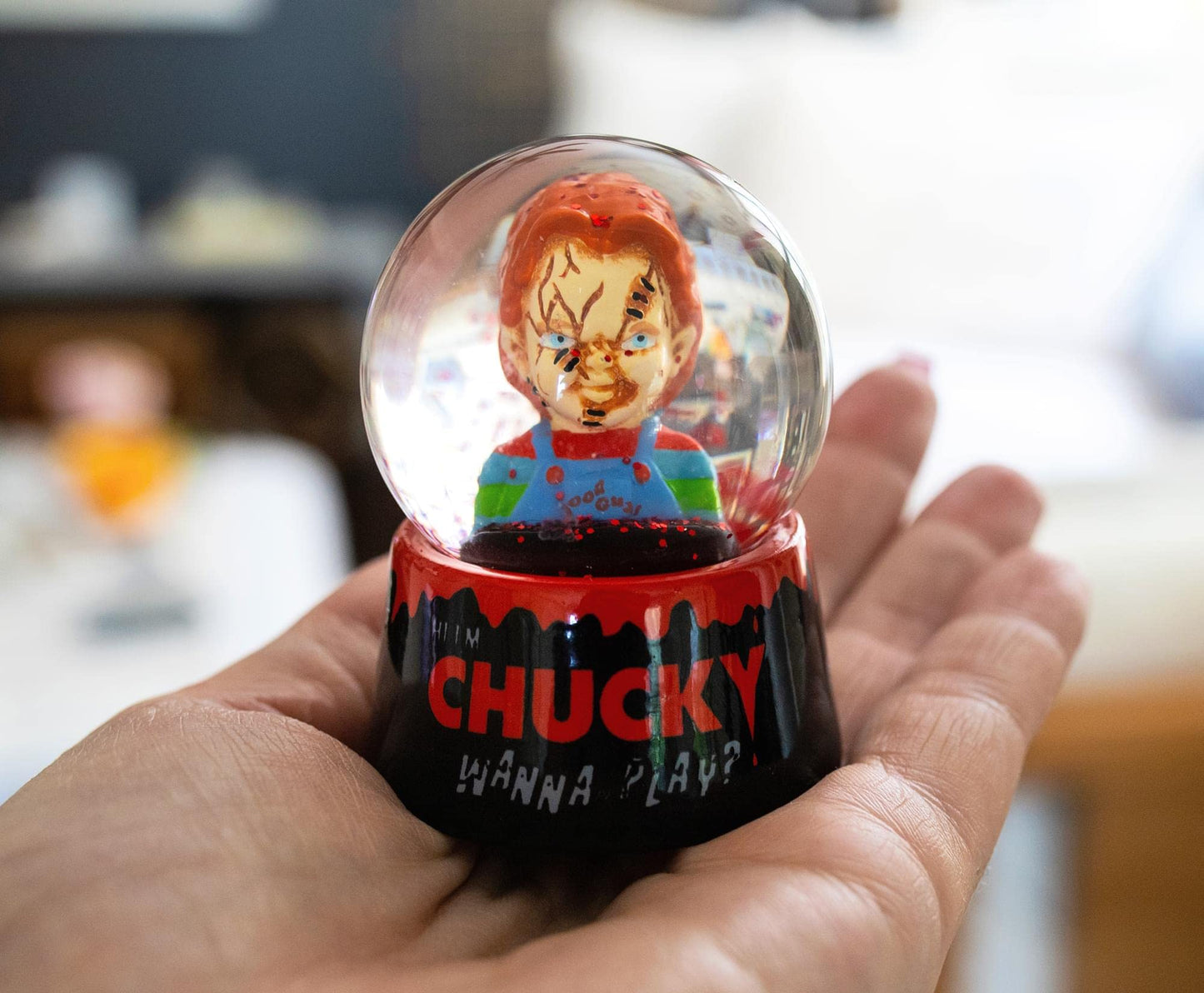 Toynk Child's Play Chucky Wanna Play? 3-Inch Mini Snow Globe with Swirling Glitter Display Piece | Horror Movie Collectible Keepsake, Red, (CK1320JS)