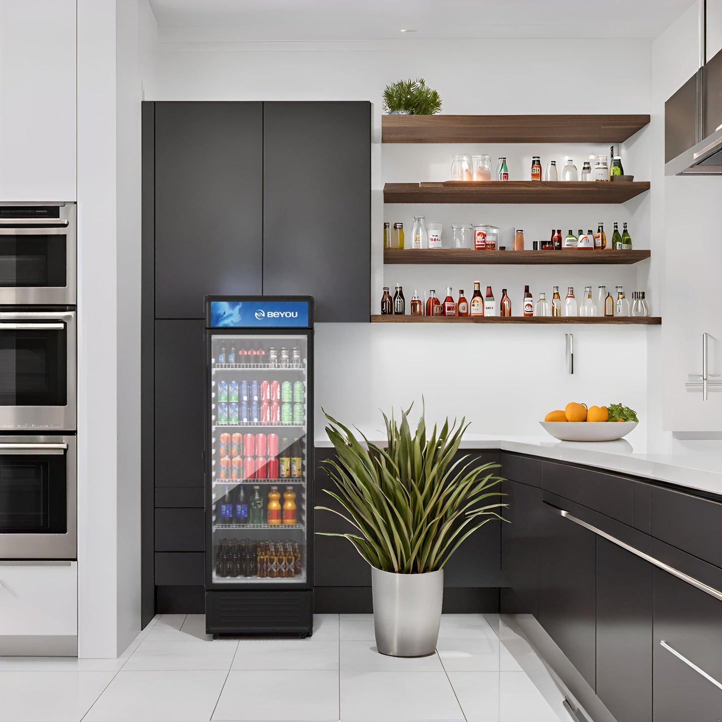 BEYOU Commercial Beverage Refrigerator, 12.2 cu. Ft Upright Display Merchandiser with single Glass Door, Drink Cooler for Living Room,Bar,Garage（Black）