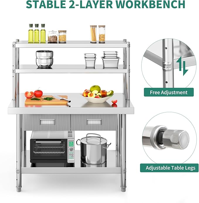 YITAHOME 48" × 24" Stainless Steel Table with Overshelves and 2 Drawers, NSF Worktable with 48" X 12" Shelf & 2 Drawers, Metal Prep Workstation for Home Kitchen Restaurant Garage Warehouse