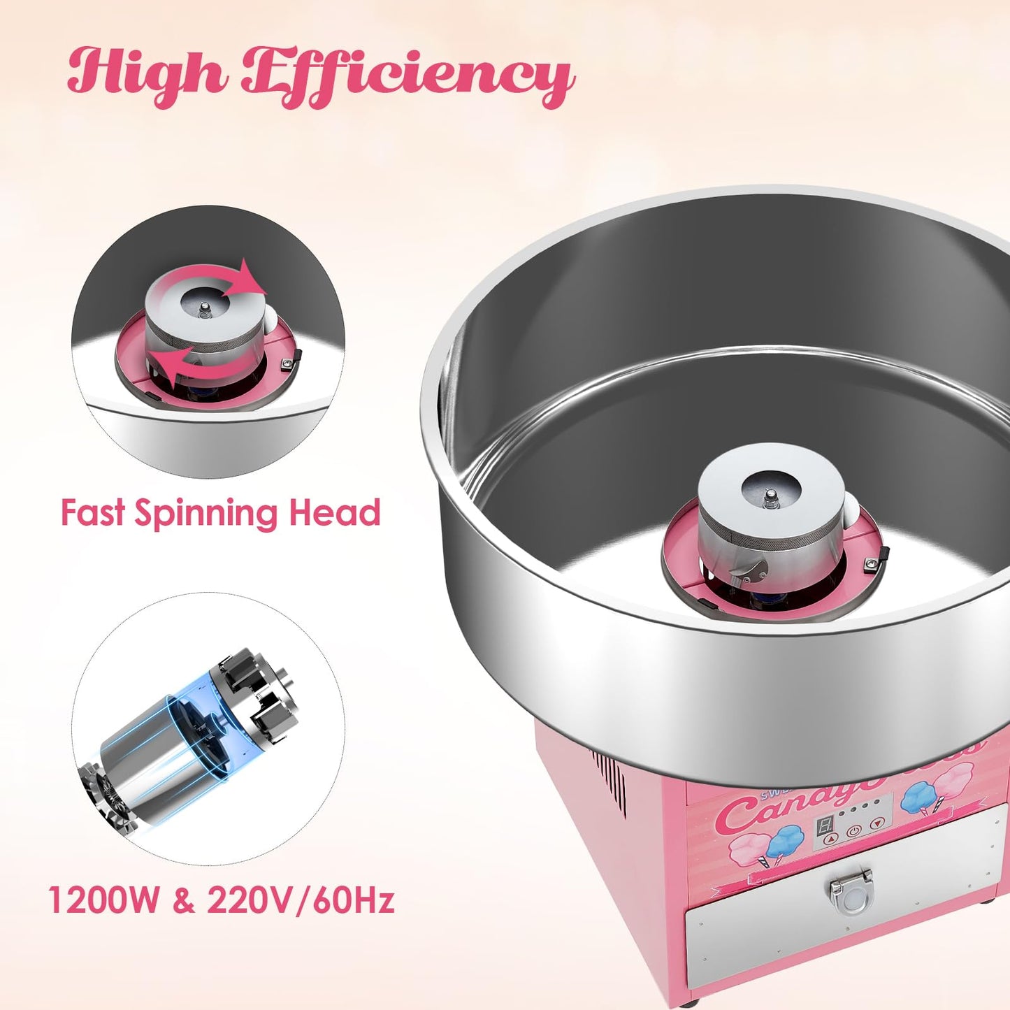 Garvee Electric Candy Cotton Machine for Kids Commercial Candy Cotton Maker with 20 Inch Stainless Steel Bowl Party Home Festival Pink