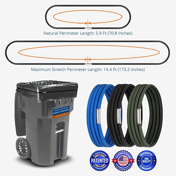 Trash Can Bands Set of 3, Fits 55, 65, 96 Gallon Trash Cans, Extra Large Rubber Bands for Big Garbage Can Bag, Durable Kitchen Trash Bag Bands, Heavy Duty Moving Bands in Black Blue, and Olive Green