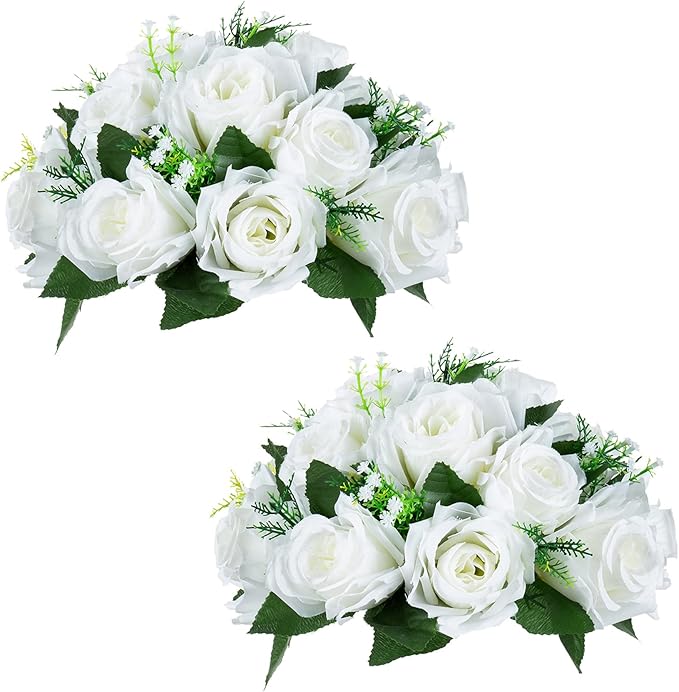 NUPTIO White Flower Centerpieces for Tables: Artificial Flower Ball Arrangement for Wedding Party - 2 Pcs 9.5 Inch Diameter Fake Floral Rose for Bridal Shower Decorations