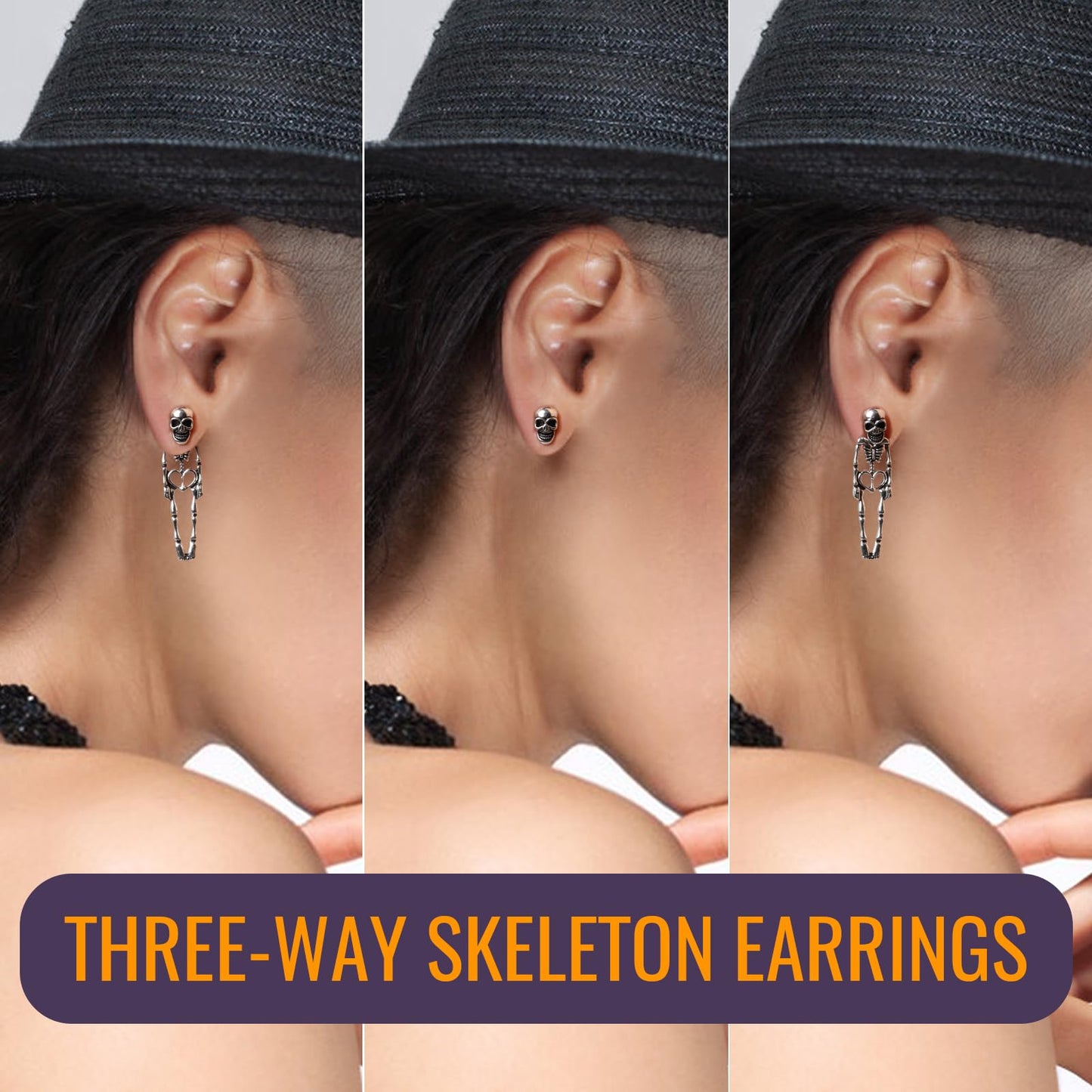 Jaisie.W Halloween Earrings - Silver Skeleton Skull Dangle Earrings (1Pair)