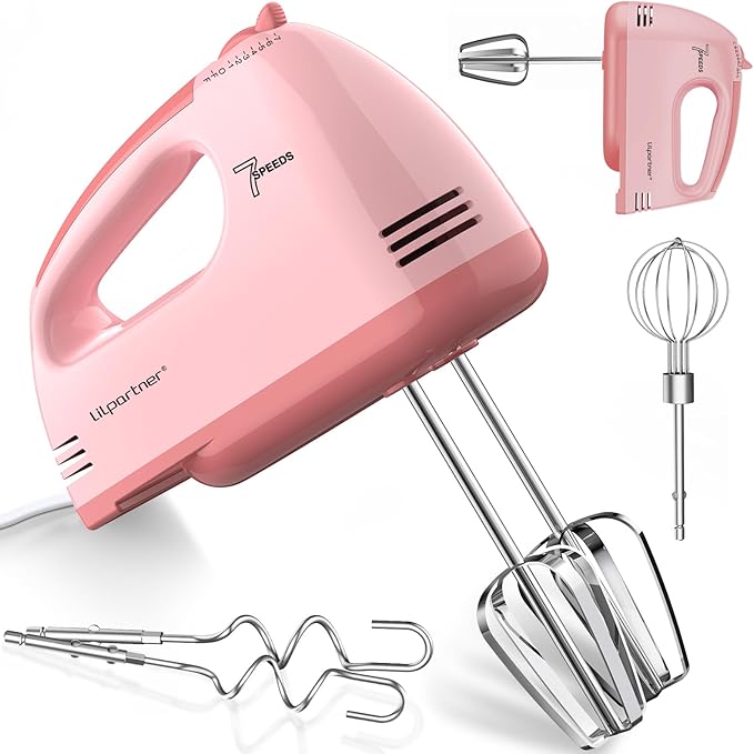 Hand Mixer Electric, Small Food Mixer 7 Speeds Handheld Blender,304 *(1* Whisk, 2* Beater, 2*Dough Hook) Kitchen Blender for Cream, Cookies, Dishwasher Safe, Pink