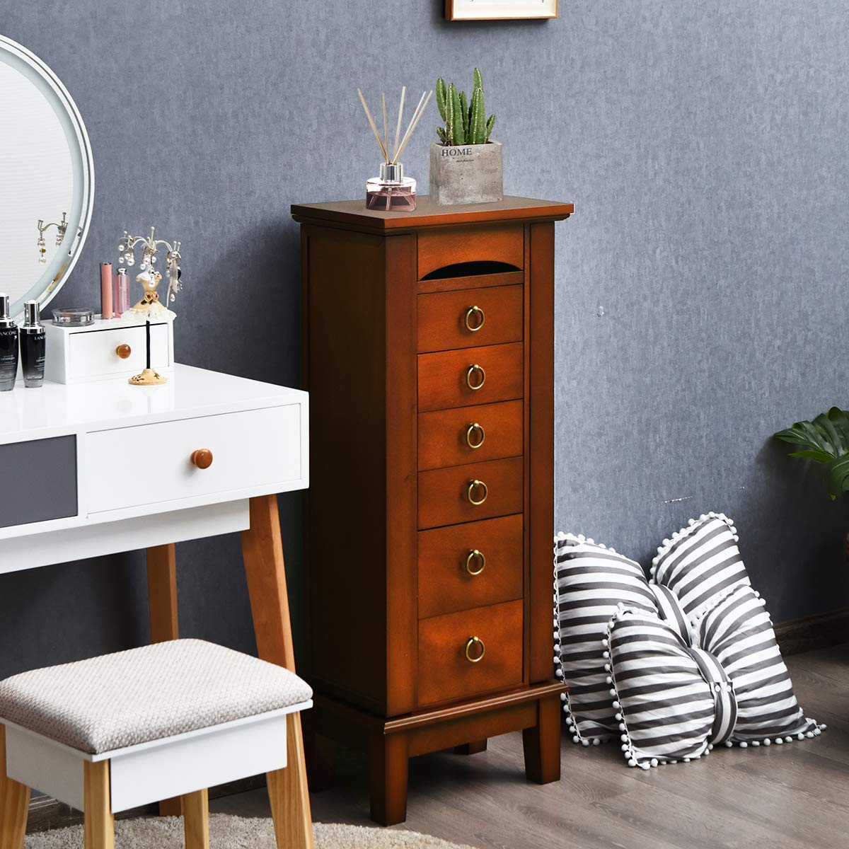 HOMGX 6 Drawers Jewelry Armoire Cabinet, Standing Jewelry Storage Chest with Mirror, 8 Necklace Hooks Wooden Jewelry Organizer, Bedroom Extra Capacity Jewelry Furniture, Walnut