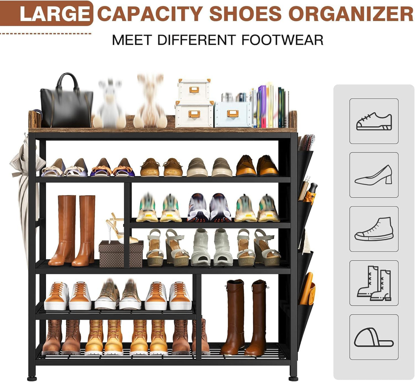 EnHomee Metal Shoe Rack for Entryway, 6 Tier Shoe Storage Organizer Holds 22 Pairs, Wooden Top and Side Pocket for Entry, Entrance, Hallway, Black