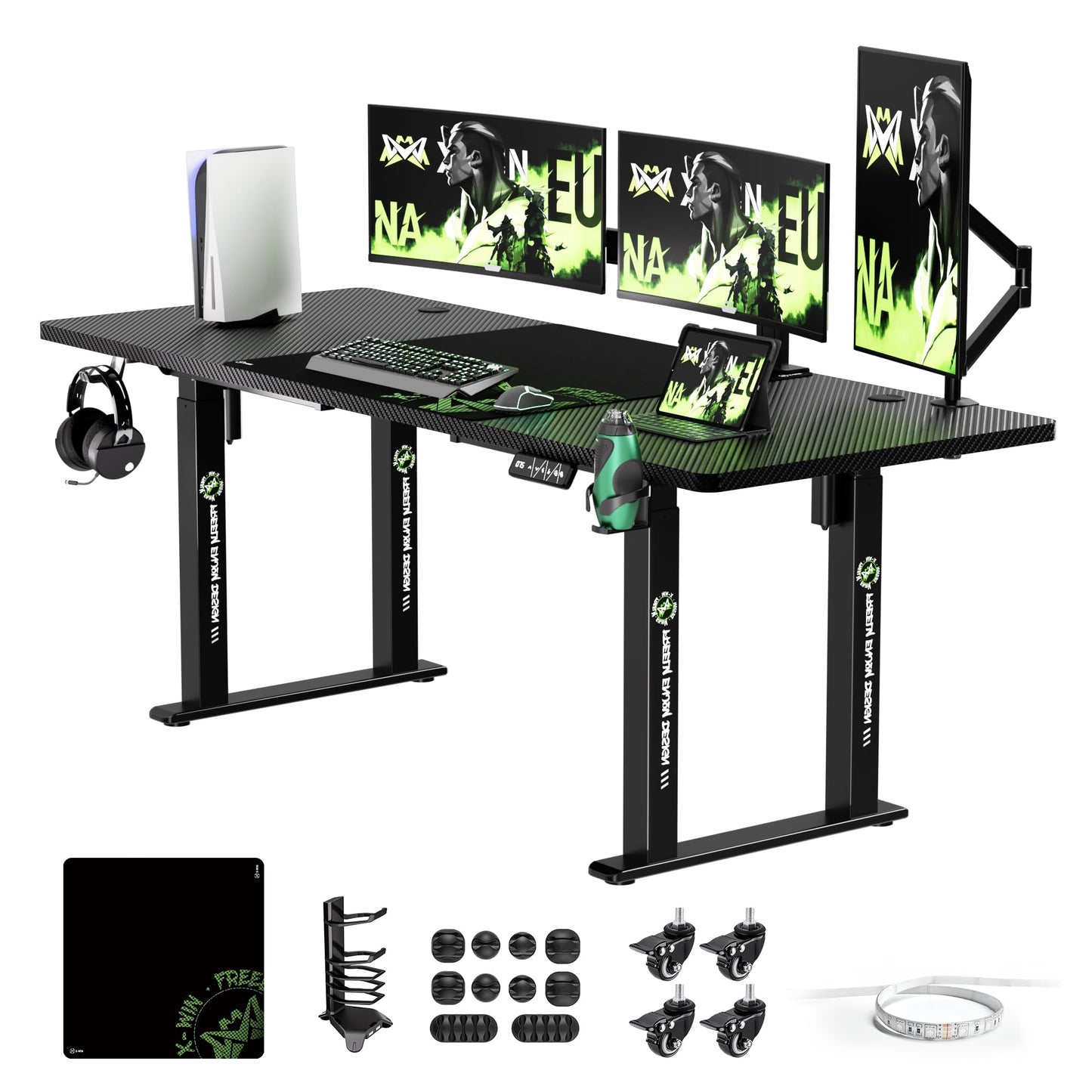 X-WIN Electric Height Adjustable Standing Desk, 71" x 31.5" Inch 4-Leg Ergonomic Sit to Stand Desk for Home Office, Powerful Dual Motor Work Desk with Locking Wheels, Carbon Fiber Textured Black