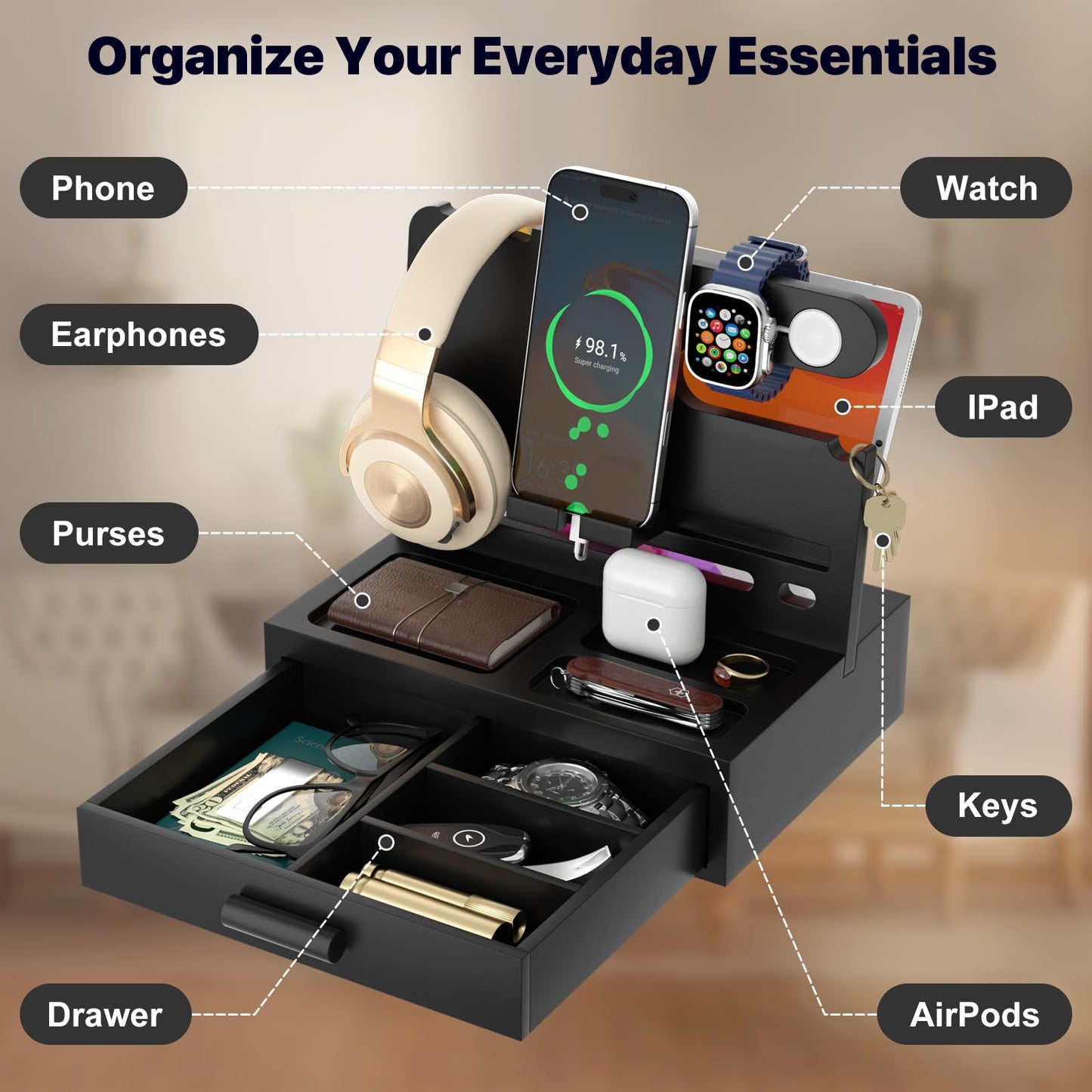 Vdamu Phone Docking Station for Men - Desk or Nightstand Organizer with Drawer - Birthday Gifts for Husband, Dad, Boyfriend,Him - Wooden Charging Station for Phone Watch Key Holder Wallet (Black)