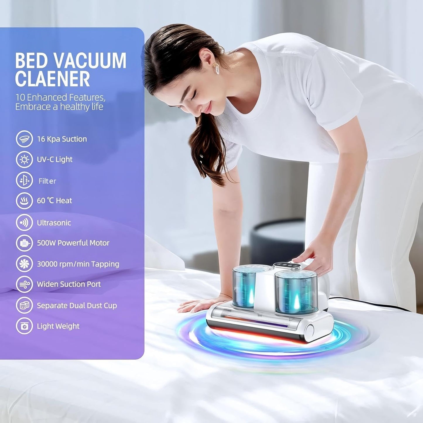 Jphyll Mattress Vacuum Cleaner, 16Kpa Bed Vacuum With 253.7Nm Uv-C Light & Heating & Ultrasonic Quintuple Tech & 30000 Rpm/Min B