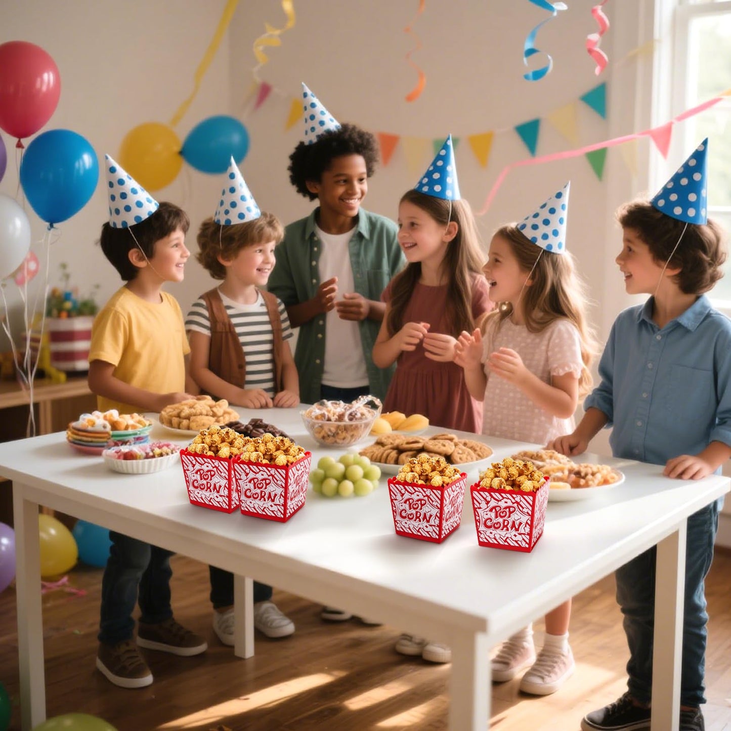 Covzoe 30 Packs Plastic Popcorn Box, Reusable Open-Top Popcorn Containers Bulk, Classic Red & White Striped Snack Bowls Bucket Tub for Movie Night, Party, Square 3.8 x 3.8 Inch