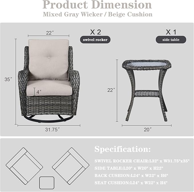 Belord 3 PCS Patio Furniture Set - Mixed Grey Wicker Swivel Rocking Chairs with Side Table, Furniture Set for Outdoor