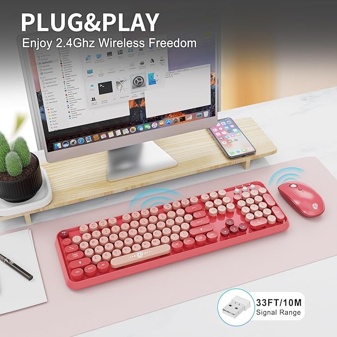 FD Wireless Keyboard and Mouse Combo | Cute Colorful Keyboard and Mouse with 2.4GHz Cordless Retro Typewriter Keyboard | Auto-Sleep | USB Receiver for Windows PC/Laptop - Pink Colorful