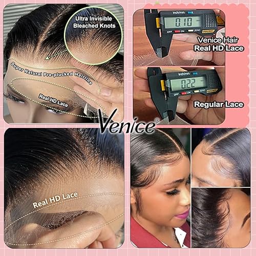Venice Hair Real HD Lace Closure only 0.10mm Ultra-thin Invisible Crystal HD Lace Pre Plucked with Baby Hair Straight Human Hair Lace Frontal Closure (7x5 HD Body, 18 Inch)