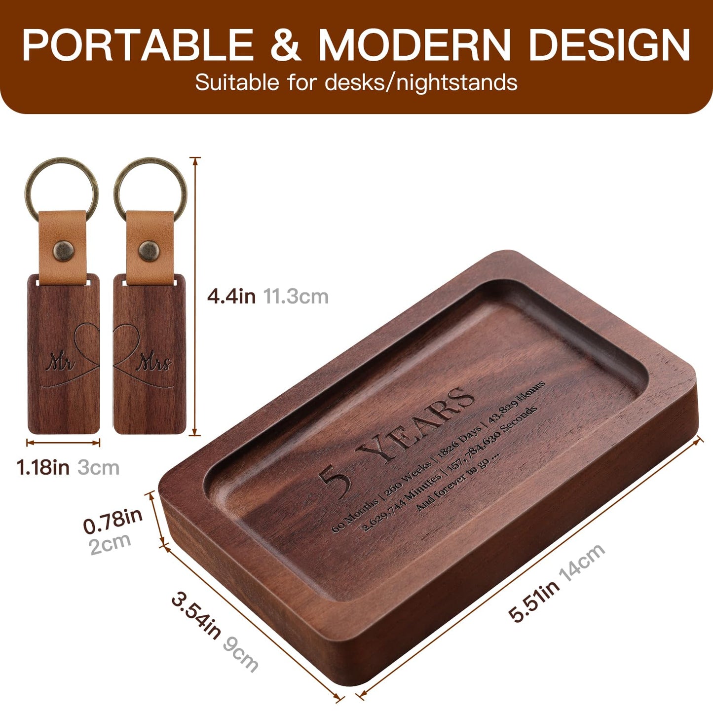 MISTOD Wood Ring Dish & Keychain- Engraved Rectangle Ring Tray Small Jewelry Dish, 5th Marriage Anniv Gifts Set | 5 Year Wedding Anniv Valentine's Day Gifts Ideas