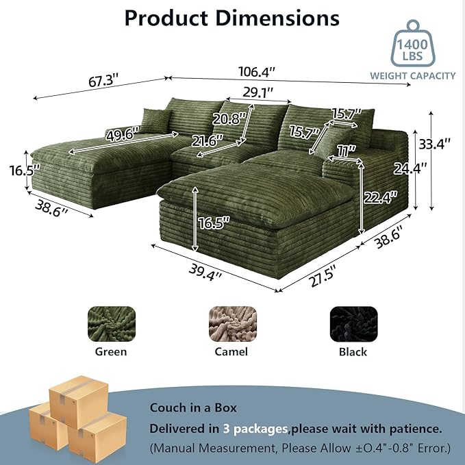 107" Cloud Sectional Couch U-Shaped Chaise with Ottoman, Corduroy Boneless Couch for Living Room Bedroom, Deep-Seat Upholstered Modular Cloud Sofa, No Assembly Required (Green, Left Facing Chaise)