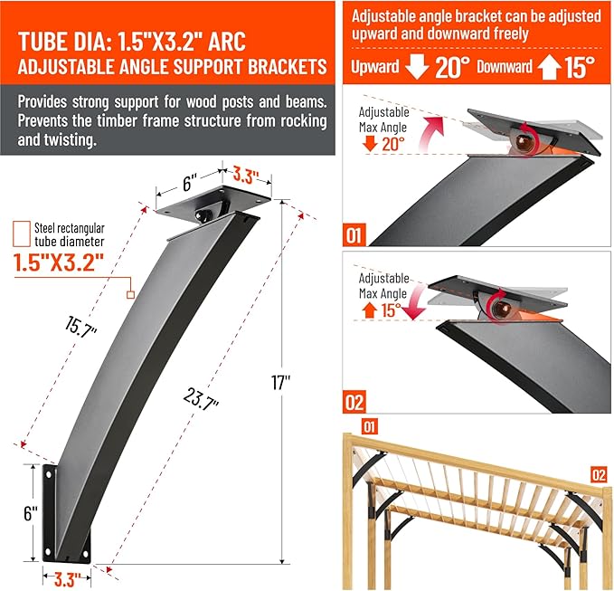 Uphode Q235-Steel Integrated Arc 2''x4''(Actual Tube Dia: 1.5''x 3.2'') 45 Degree Adjustable Angle Support Pergola Brackets Heavy Duty 4Pack