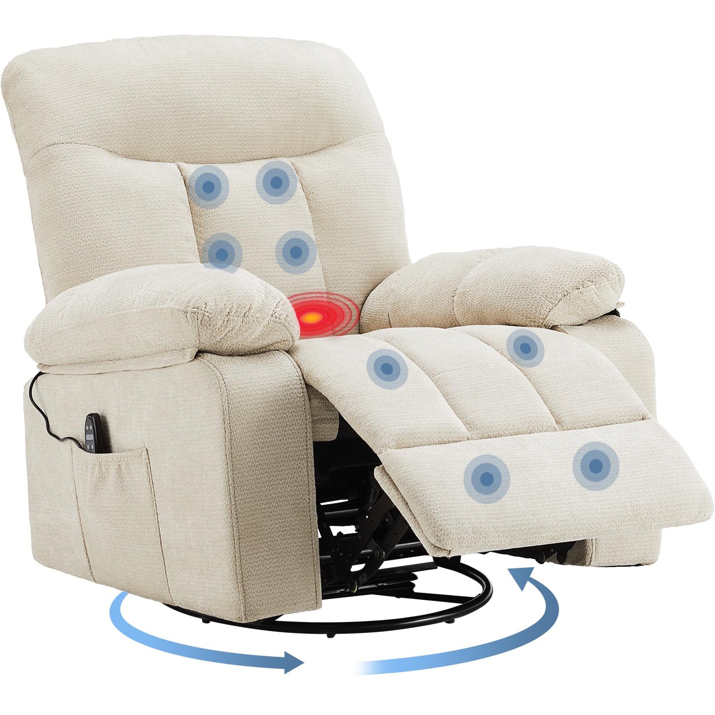 DUMOS Rocker Recliner Chair, Swivel Recliner with Vibration Massage & Lumbar Heating, 270° Rotating Chenille Fabric Recliner with footrest for Living Room & Bedroom, Beige