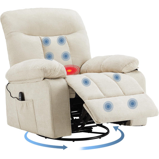 DUMOS Rocker Recliner Chair, Swivel Recliner with Vibration Massage & Lumbar Heating, 270° Rotating Chenille Fabric Recliner with footrest for Living Room & Bedroom, Beige