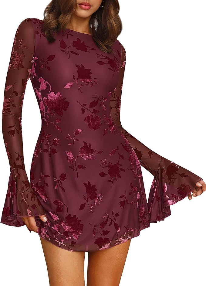BTFBM Women Floral Wedding Guest Dress Spring 2026 Casual Long Sleeve Crew Neck Flowy Party Cocktail Mini Dresses