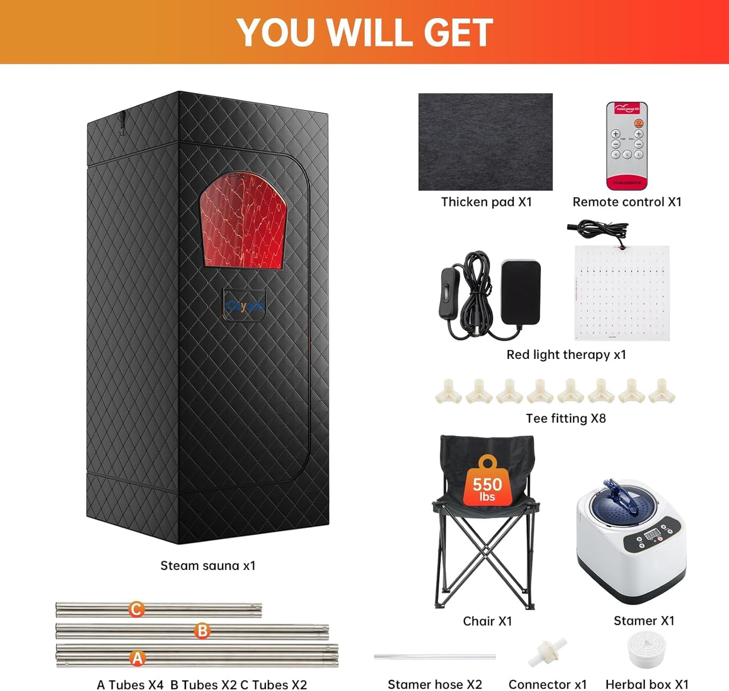 Ceyodo Infrared Sauna Box, Portable Sauna with 660nm Red Light Therapy & 850nm,5-Layer Waterproof, 3L 1300W Steamer,Folding Chair,for Home Sauna Spa Personal Saunas Tent Indoor Outdoor