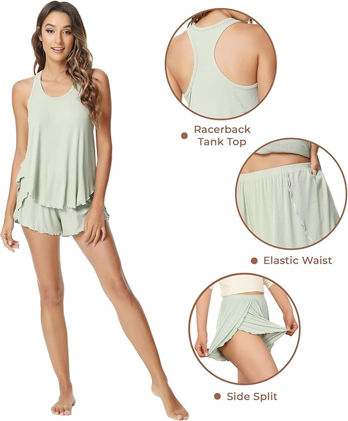 NACHILA Pajamas for Women-Viscose from Bamboo, Ribbed Racerback Tank Top Sexy Split Shorts Pajama Sets Cooling Sleep Cami Pjs