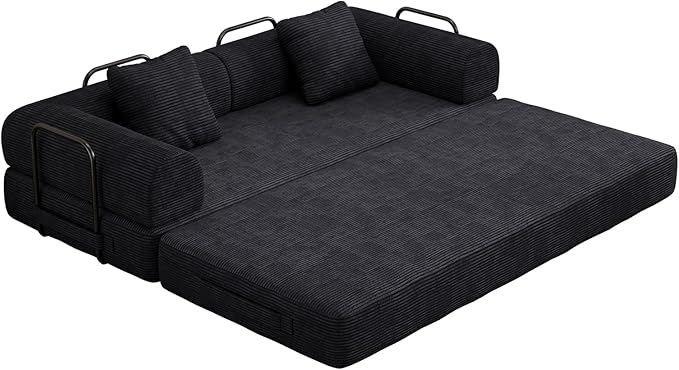 77" Convertible Sofa Bed, Modular Folding Futon Corduroy Floor Foam Compressed Loveseat Sleeper Sofa Couch, Pull Out Queen Size Couch Bed with 2 Pillows for Living Room Guest Room Studio, Black