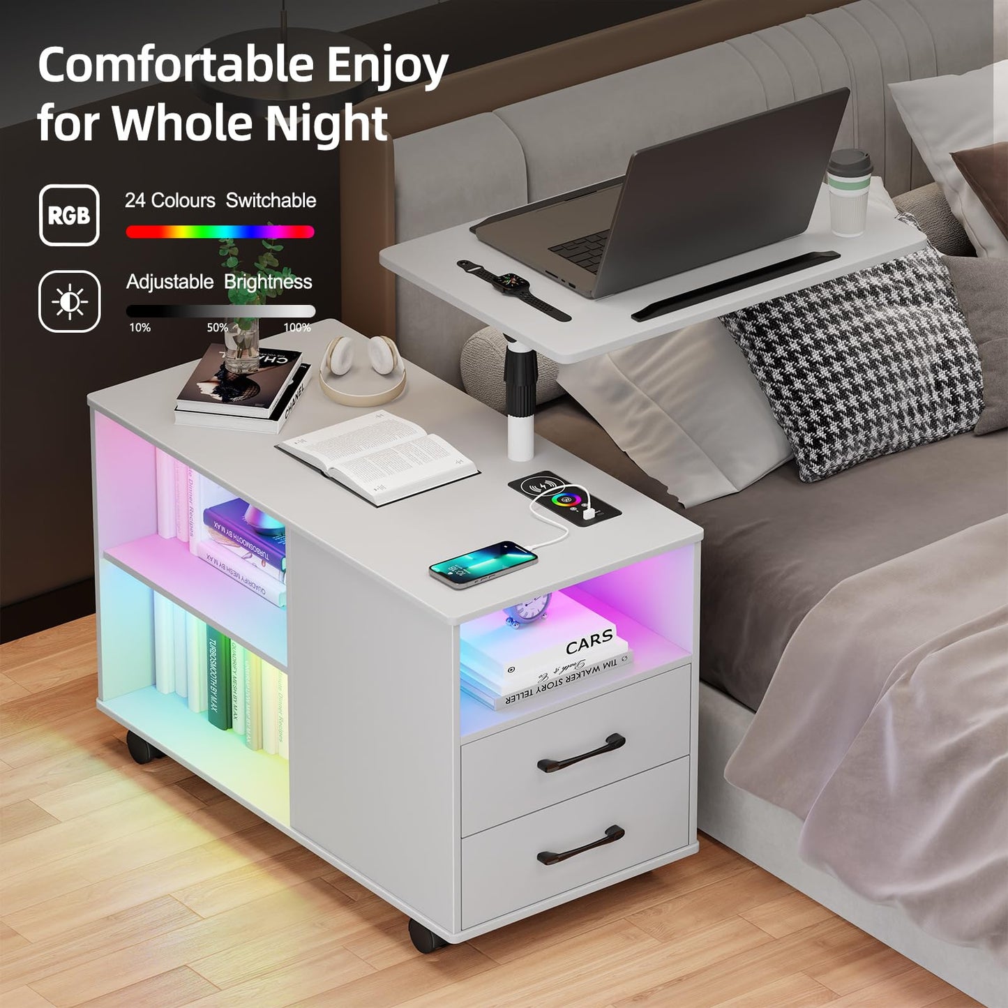 Gurexl 360° LED Nightstand with Wireless Charging Station, Movable Adjustable Bedside Table with Laptop Tray, Auto Sensor Night Stand with 24 Color Dimmable