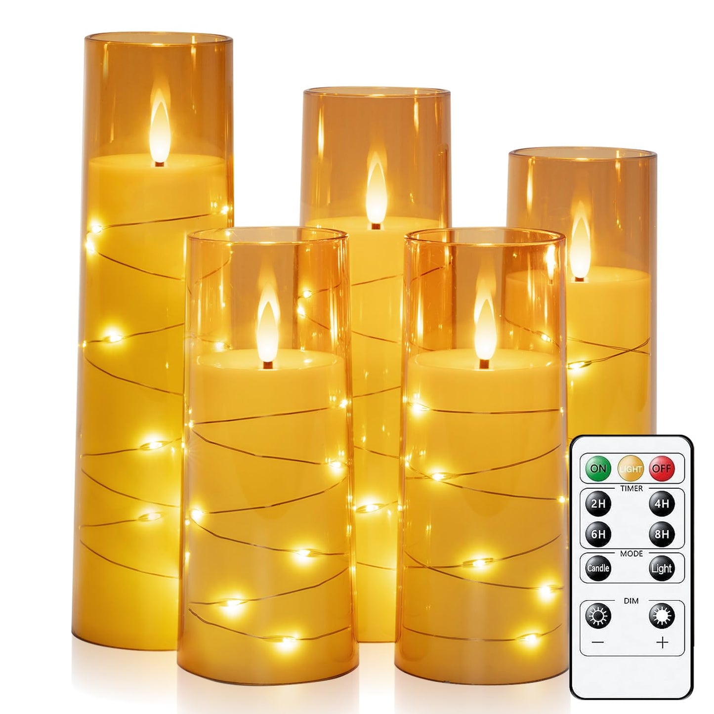Raycare Flameless Candle with Remote Timer – 5 Flickering Acrylic Battery Operated LED Pillar Candles with Embedded Star String for Christmas, Home Decor, and as a Gift(Glod)