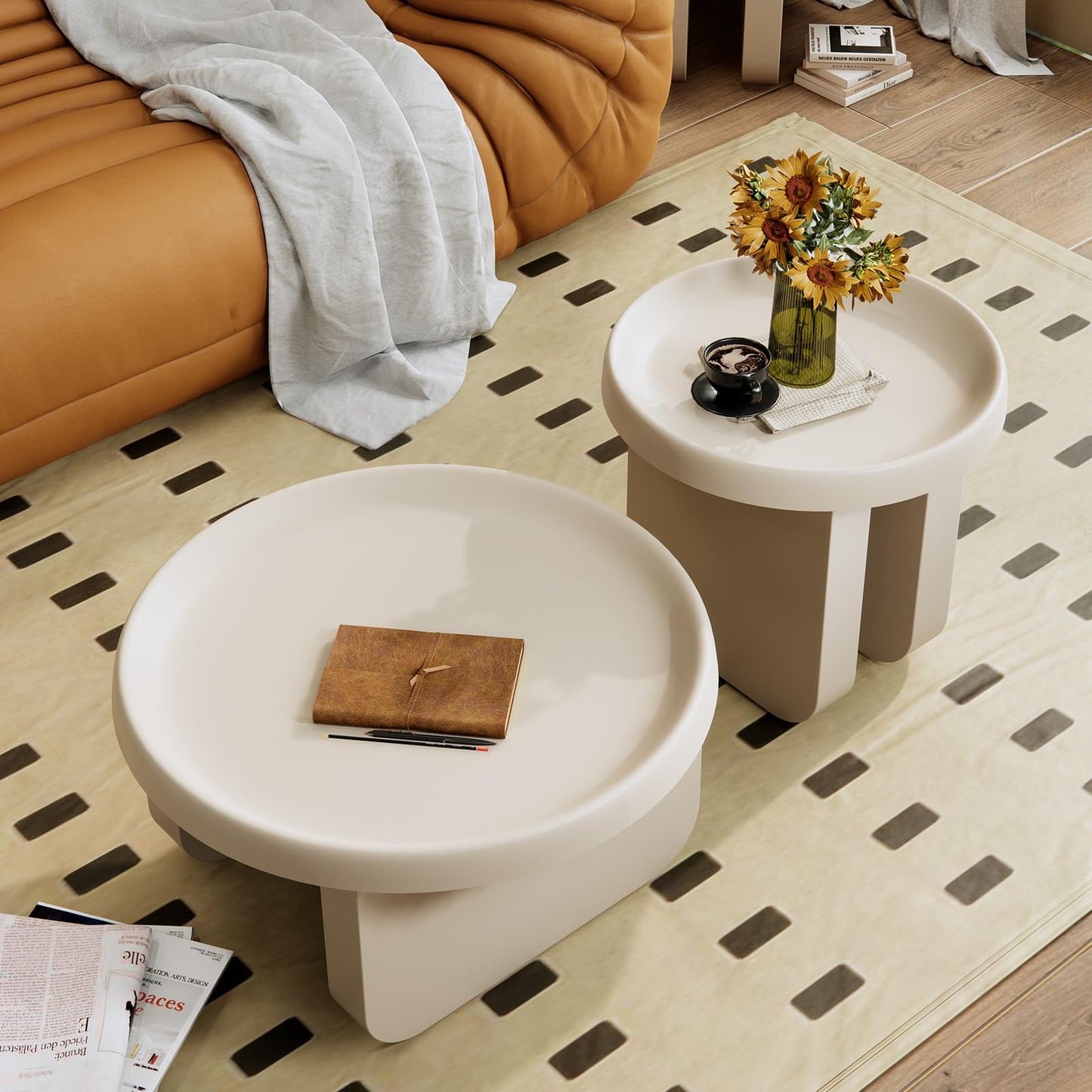 BUZUEY White Round Coffee Table, Modern Metal Center Table, Unique Circle Design for Living Room, Nested Design with Large and Small Tables