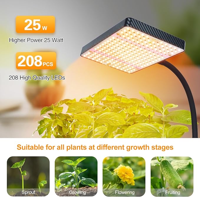 FECiDA 25W Floor Lamp Grow Light, Grow Lights for Indoor Plants Full Spectrum with Stable Stand Base, 4/8/12/16/20 Hr Timer Bonsai Houseplants Grow Lamp, 24"-40" Height Adjustable