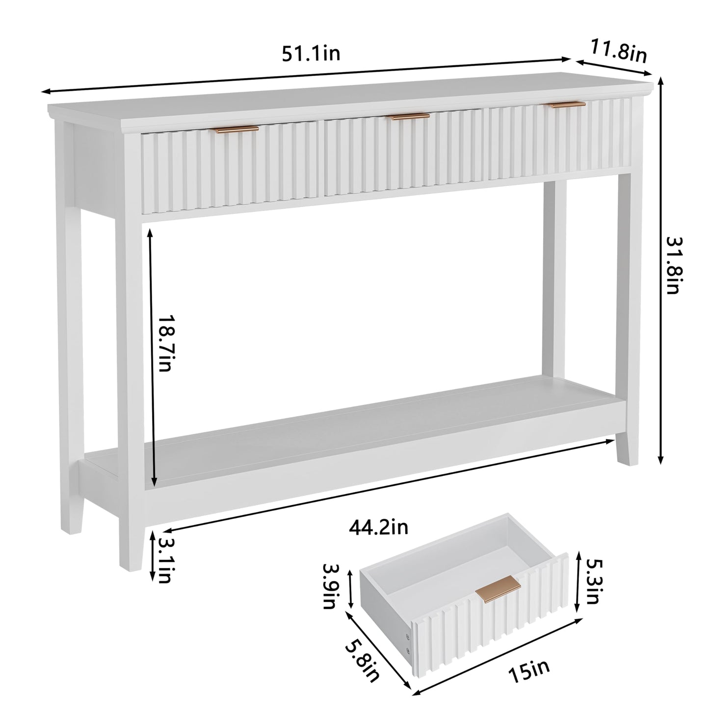 Alaxgumrol 47 inch Entryway Table with Storage, Narrow Console Table with 3 Drawers, Modern Sofa Table with Open Storage Shelf for Living Room, Foyer Hallway, White