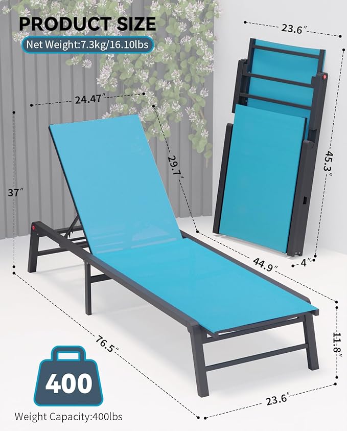 FHVIT Aluminum Chaise Lounge Chair Outdoor, Foldable Patio Lounge Chair Assemble-Free, Pool Lounge Chairs with 5 Adjustable Backrest, Outdoor Lounge Chairs for Outside Poolside Beach Lawn Blue