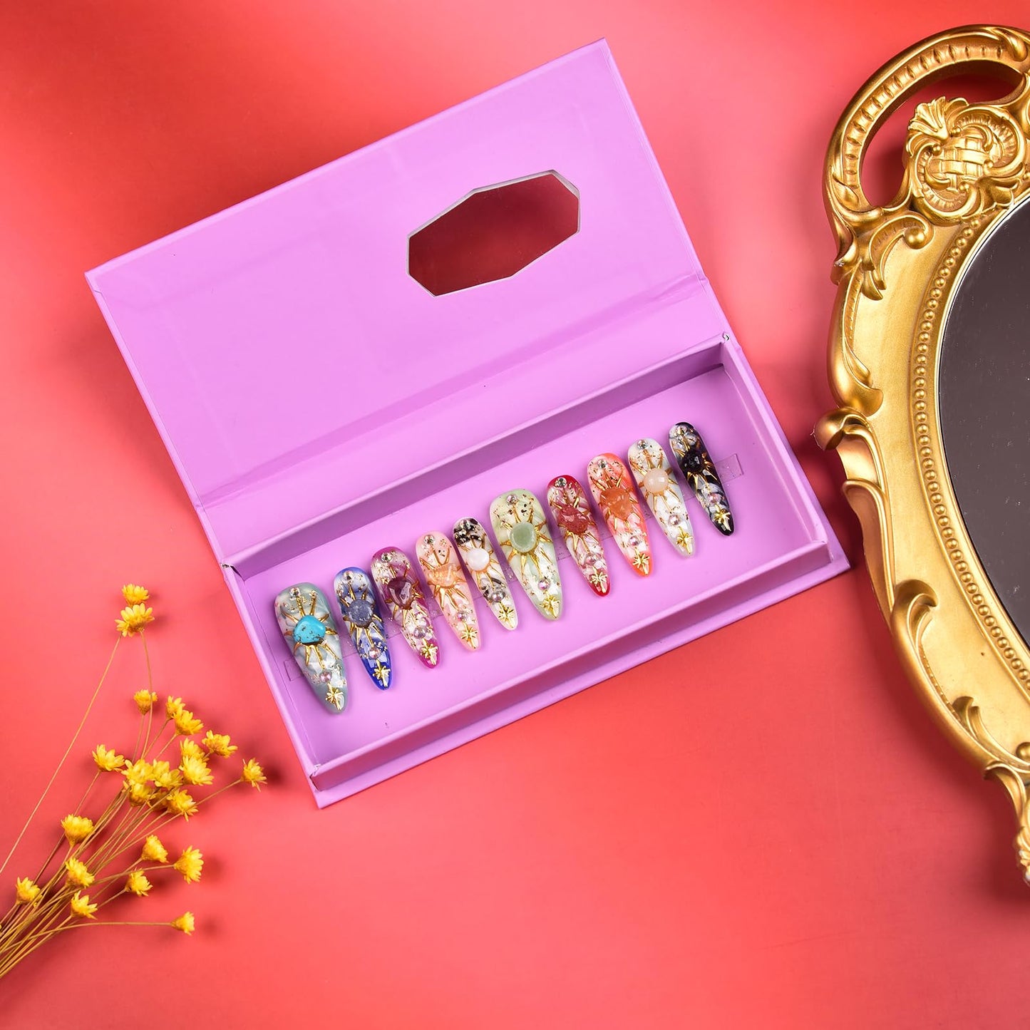 Tmani 10pc/set Long Handmade Press On Nail Hot Girl's Long Nails Ten Kinds of Natural Crystal Stone Decoration Fake Nails Suitable For Girls Festival Parties and Birthday Gift(442,M)