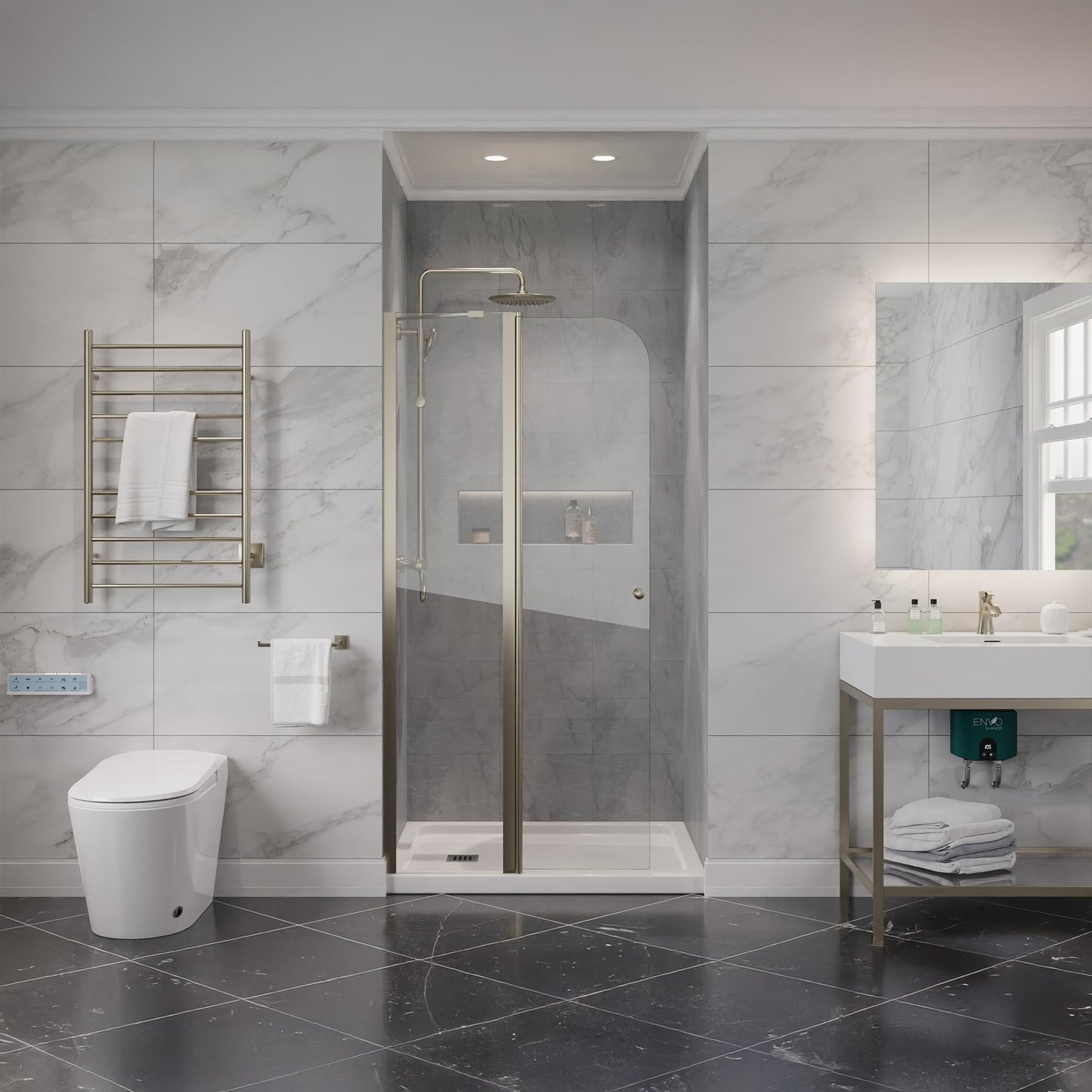 ANZZI 72-in.x33.5-in. Frameless Swinging Shower Door, Resistance Free Hinges for Smooth Opening and Closing, Reversible Installation, Clear Tempered Glass in Brushed Nickel Finish (SD-AZ14-01BN)