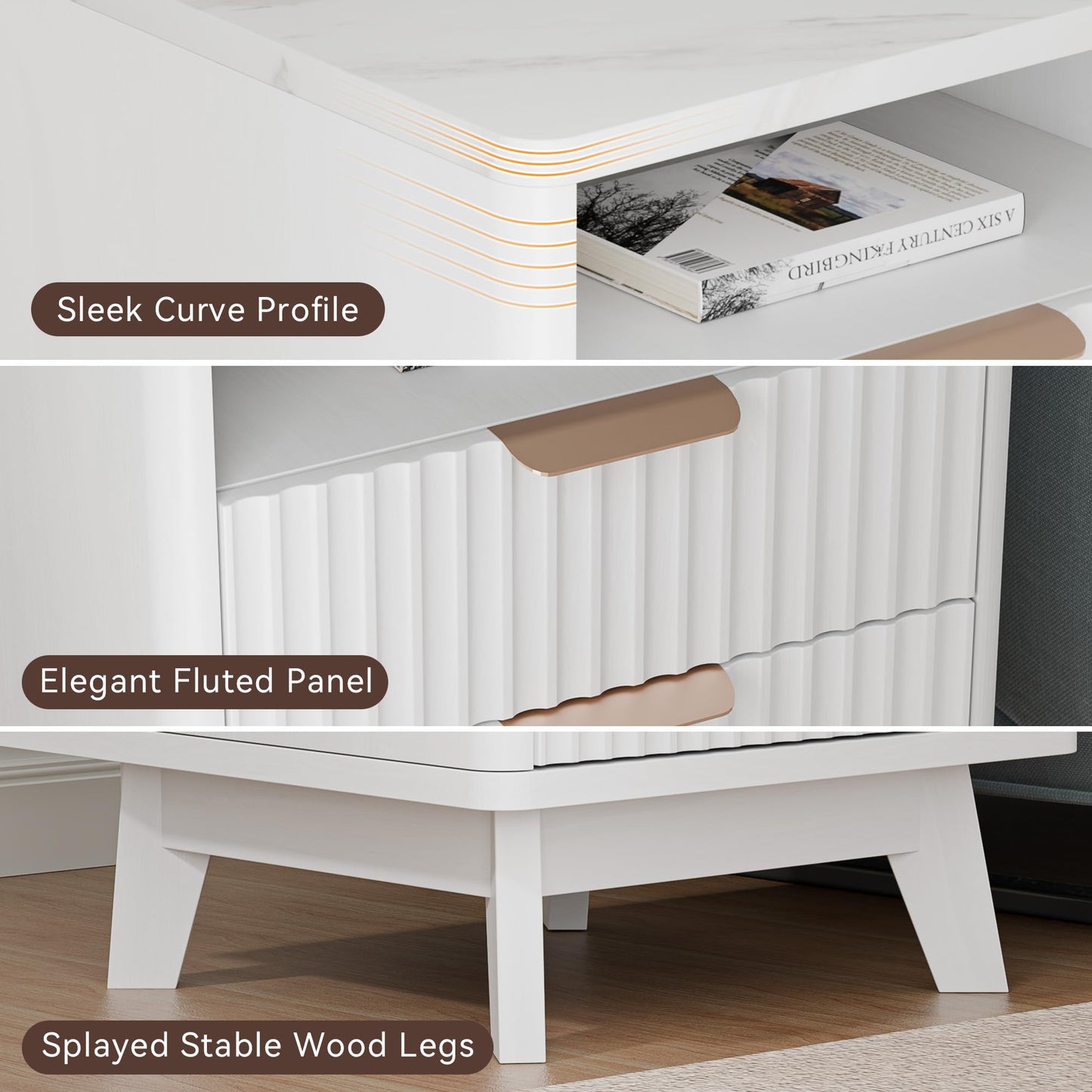 HOCAT Fluted White Nightstand with 2 Drawers, 18" Modern Bed Night Stand with Faux Marble Top, Open Storage Shelf, Curved Edge Bedside Table for Bedroom, Living Room End Side Table