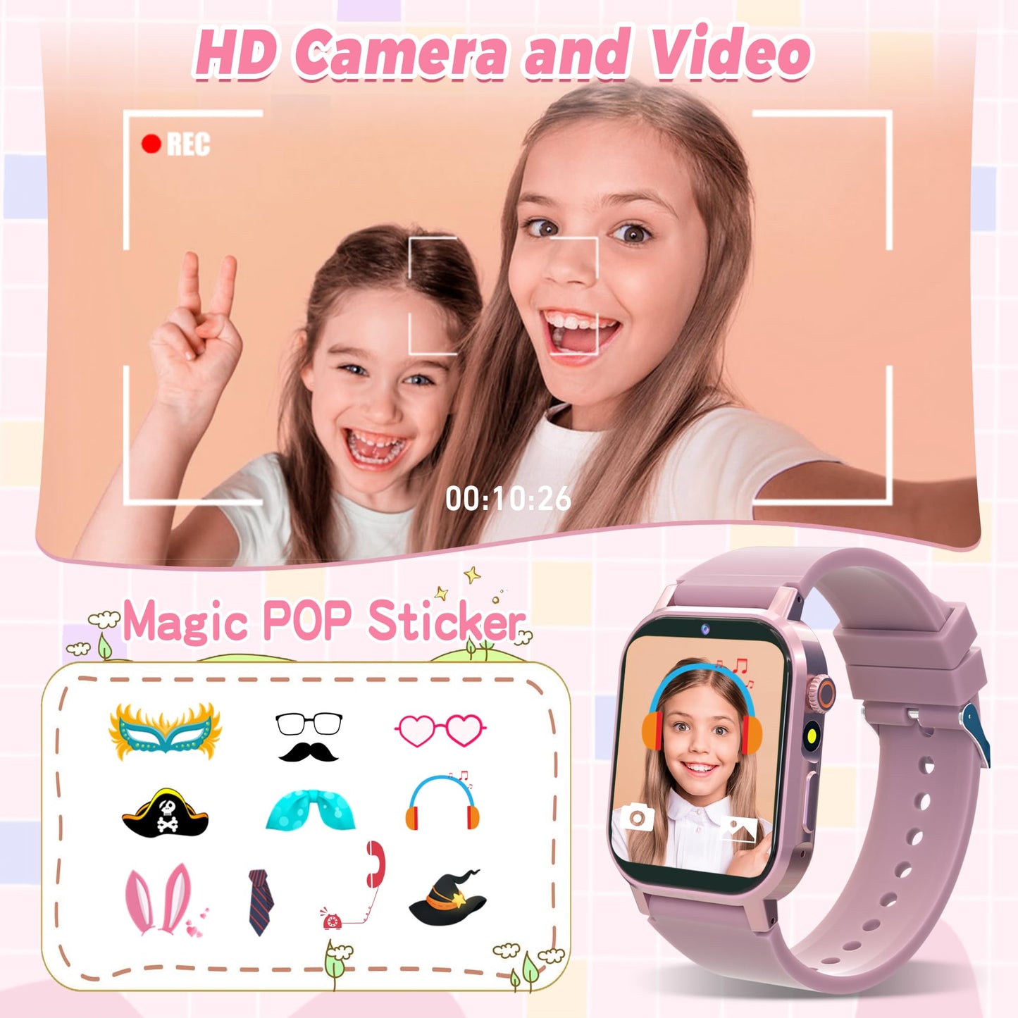 Kids Smart Watch Gifts for Girls Age 3-12, 32 Games HD Touch Screen Kids Watch with Camera Video Music Audiobook Pedometer Flashlight 12/24 hr Educational Toys Birthday Gift for Girls Ages 6 7 8 9 10