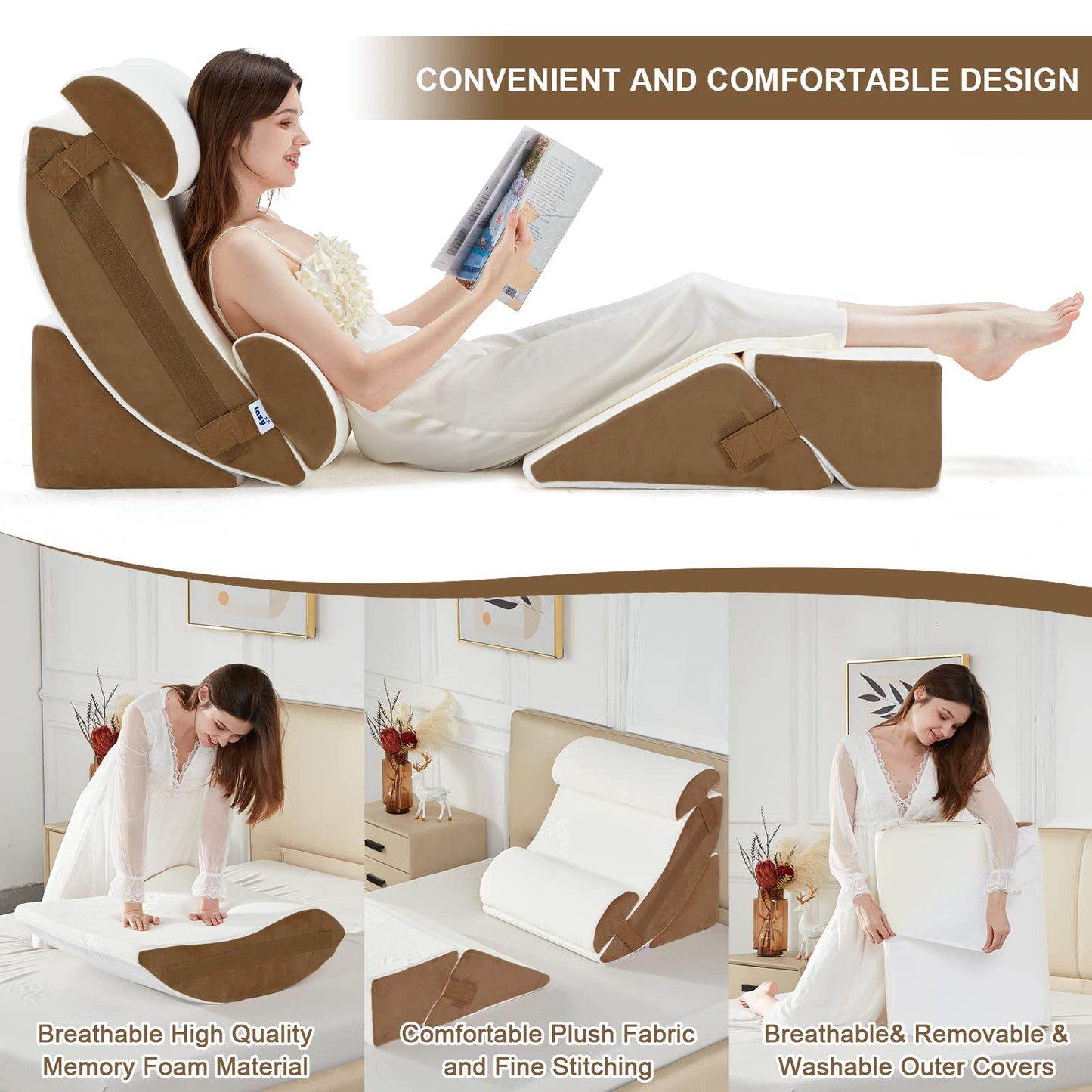 Lazyzizi 6pcs Orthopedic Bed Wedge Pillow Set, Memory Foam Wedge Pillow for Sleeping, Knee, Lumbar and Back Pain Relief Adjustable Bed Pillow - Acid Reflux, Anti Snoring & GERD Sleeping, Brown