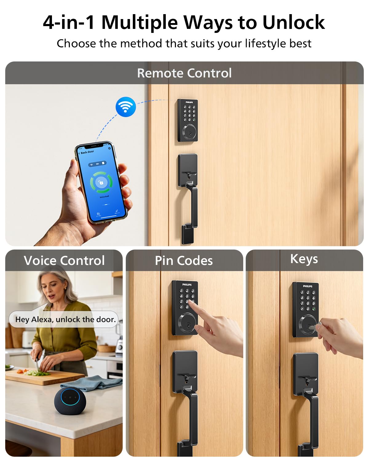 Philips Wi-Fi Smart Lock for Front Door, Keypad Door Lock with Handle, Built-in WiFi App Remote Control, Keypad Deadbolt Auto Lock for Front Door, Supports Alexa & Google, Matte Black