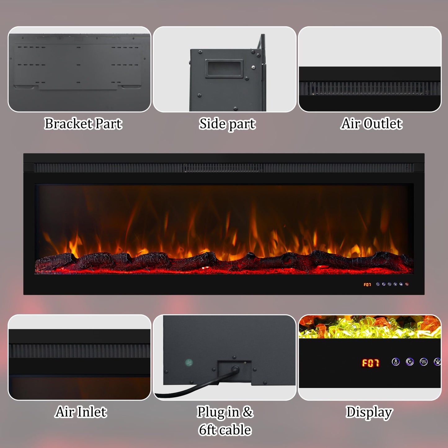 Weka Fireplace Wall Mounted and Recessed Electric Fireplace with App, Remote & Touch Screen, Log Set & Crystal, 13 Adjustable Flame Color, Thermostat, 1-9H Timer, 750w/1500w (72'')