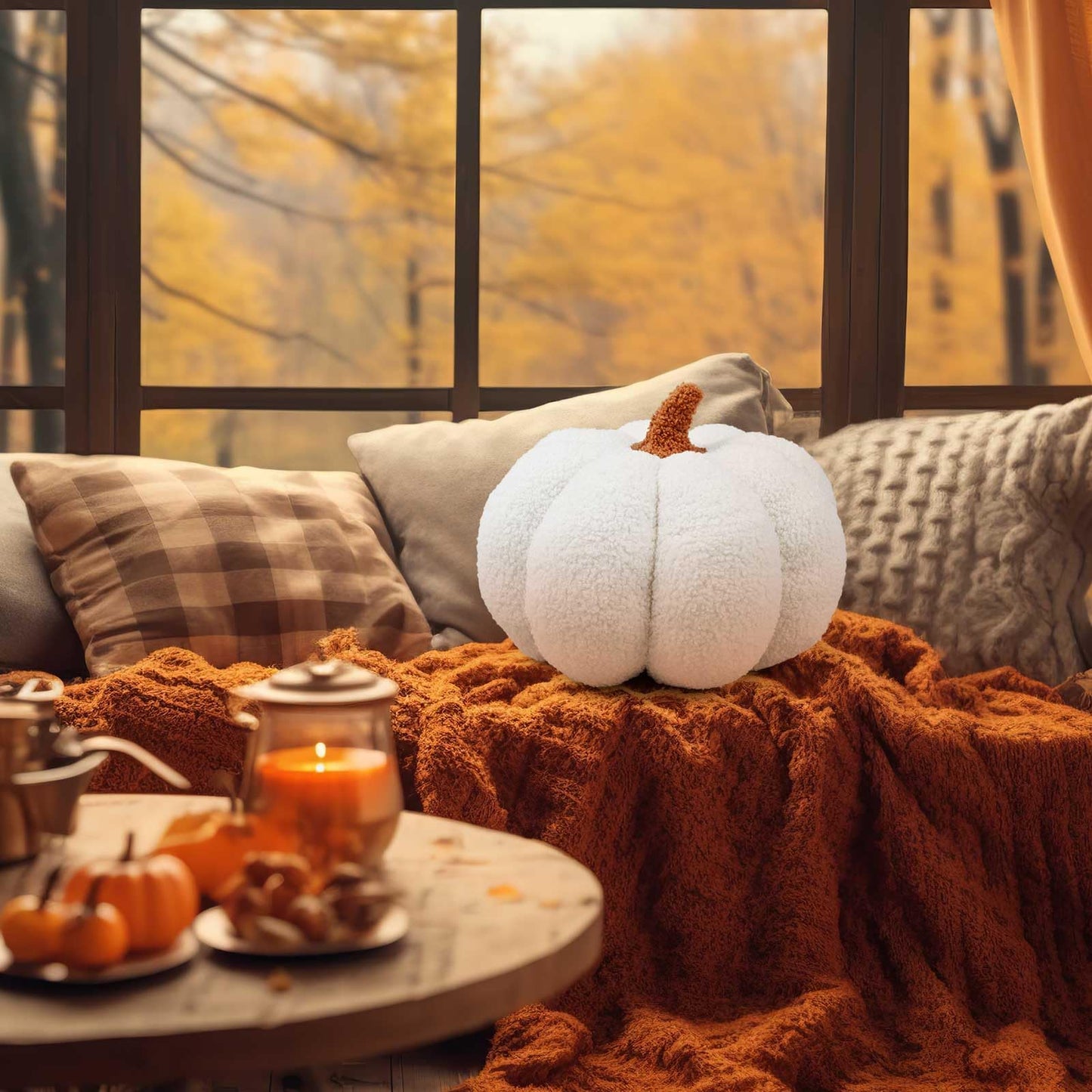 Juexica 7 Inch Halloween Stuffed Pumpkin Pillow Fluffy Plush 3D Pumpkin Shaped Decoration Fall Thanksgiving Cushion Pillow Soft Cute Throw for Sofa Couch Supplies(White)