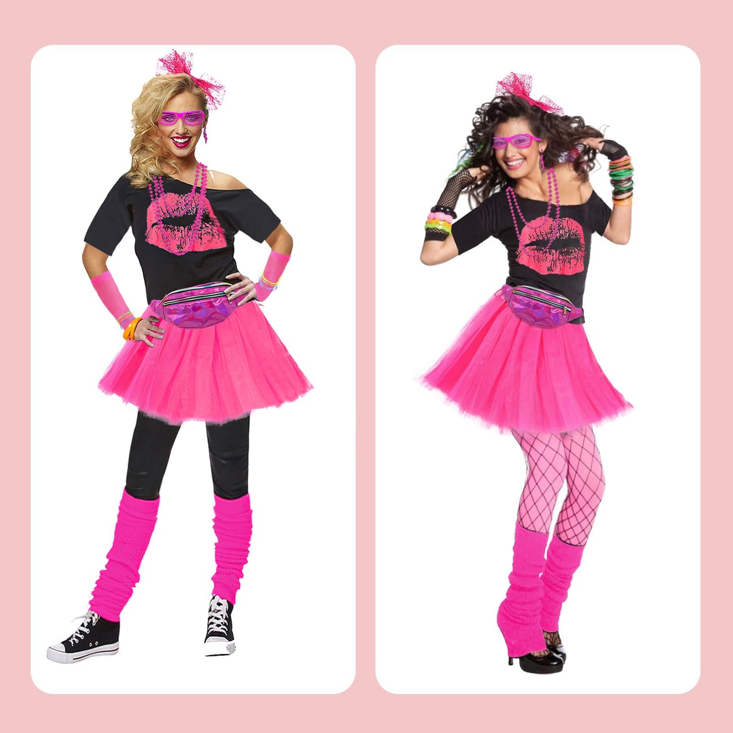 RonFoxi 80s Accessories Sets for Women, 80s Outfits T-Shirt Tutu Skirt Fishnet Gloves for 80s Prom Party(Rose Red-L)