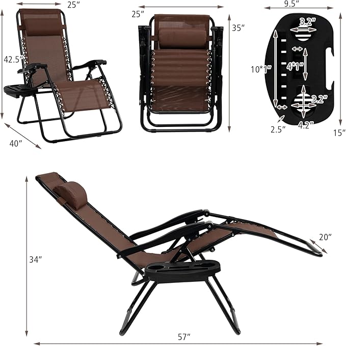 Tangkula Set of 2 Zero Gravity Chair, Folding Patio Lounge Chair Adjustable Outdoor Recliner with Cup Holder, Wide Armrest for Patio Garden Poolside Outdoor Yard Beach, Support 350 lbs (2, Brown)