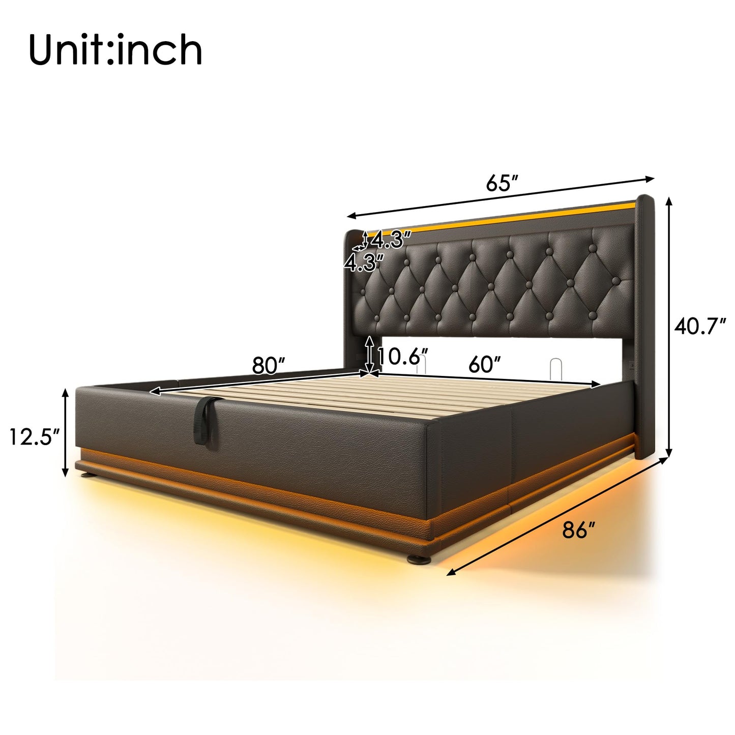 Queen Lift Up Bed with Charging Station & LED Lights, Upholstered Bed Frame with Modern Wingback Storage Headboard, Hydraulic Storage, Wood Slats Support, No Box Spring Needed, Easy Assembly, Black