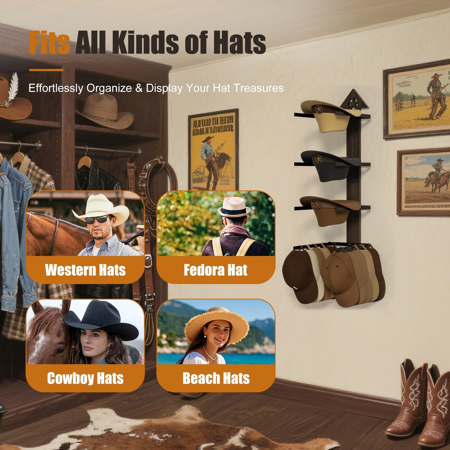 Cowboy Hat Rack -Cowboy hat holder for wall With Heavy- Organize and Display Your Hats with Ease, Wall Mounted Hat Hanger Western Decor for Cowboy Hats- Ideal Western Decor