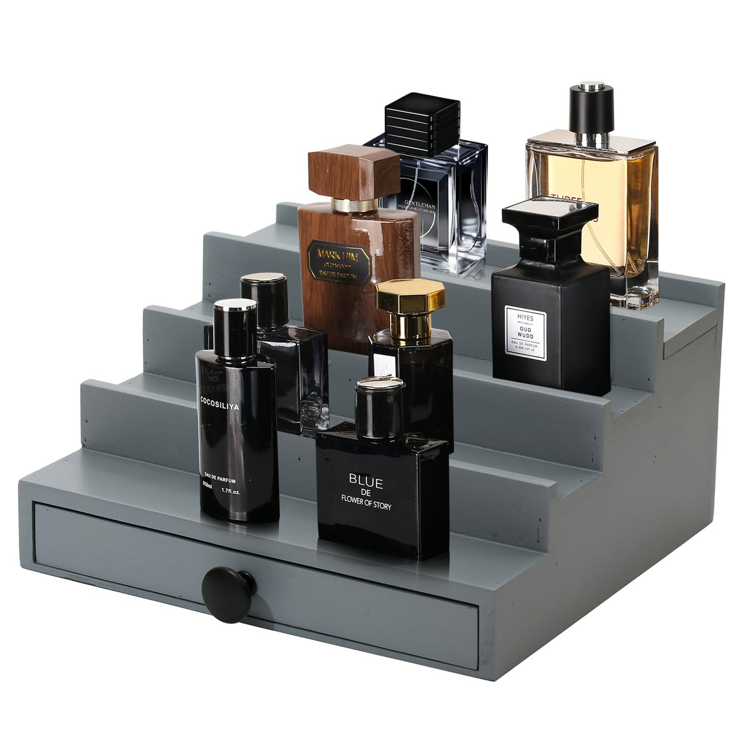 Fengligoo Cologne Organizer for Men - 4 Tier Wooden Grey Cologne Display Stand with Drawer and Hidden Compartment, Mens Cologne