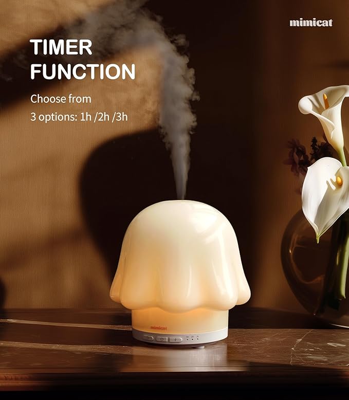 Essential Oil Diffuser for Home Glass: mimicat Timer 120ml Ultrasonic Cool Mist Aromatherapy Diffusers for Bedroom Office with Soft Night Light Cream White
