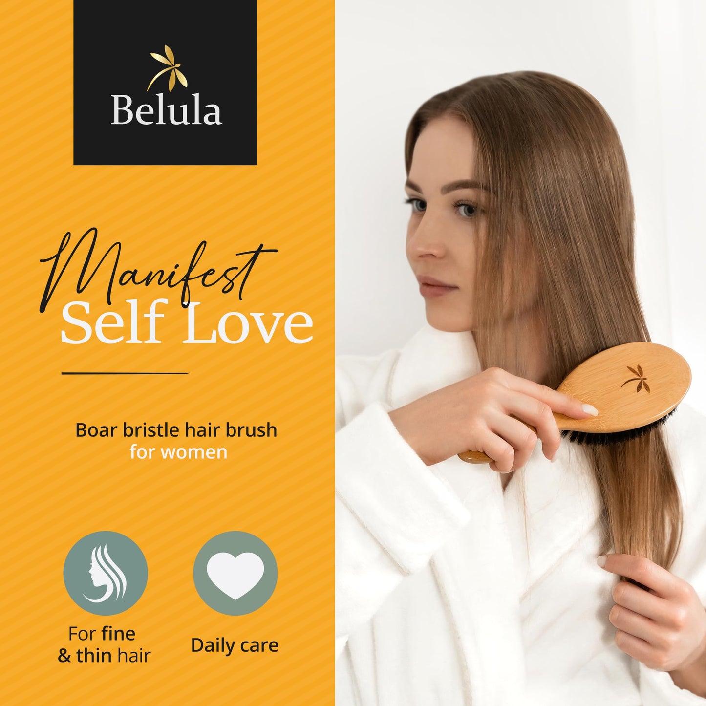 100% Boar Bristle Hair Brush for Women Set by Belula (L Size). Soft Natural Bristles for Thin and Fine Hair. Wooden Comb, Travel