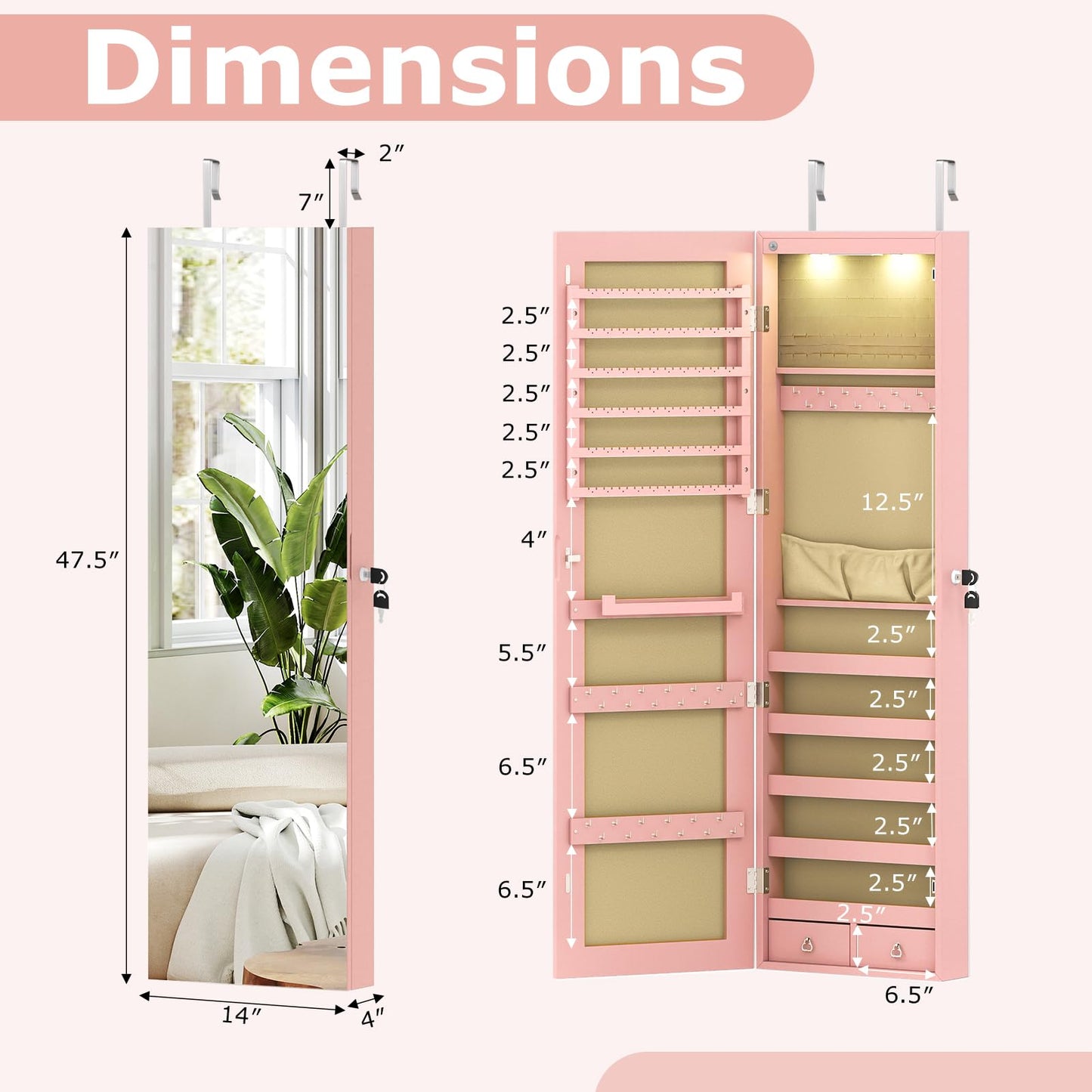 Moccha Wall Door Jewelry Armoire, 47.5" H Full Length Mirrored Jewelry Cabinet with 2 LED Lights and 2 Drawers, Lockable Jewelry Cabinet, Jewelry Organizer Storage for Bedroom, Pink