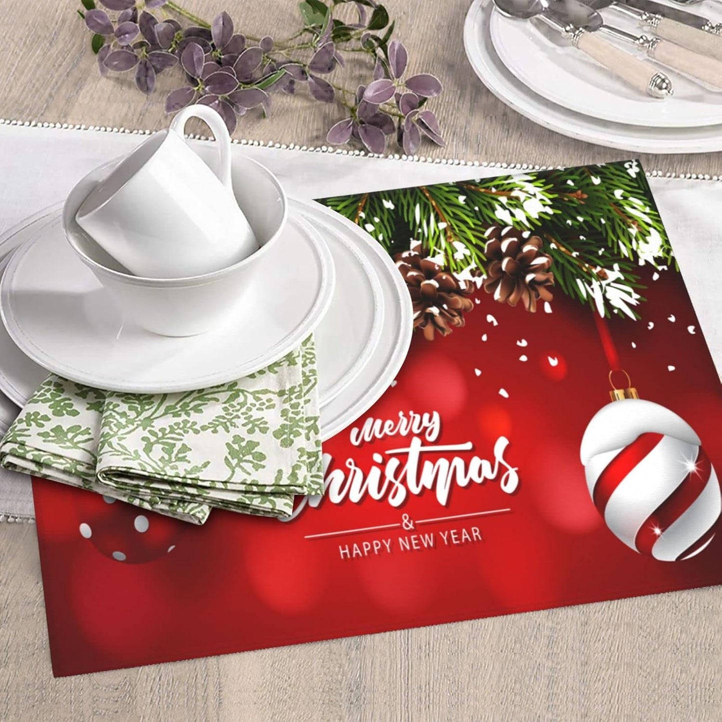 Christmas Dish Drying Mat Red for Kitchen Counter Ball Fir Branch Absorbent 16x18 Inch Microfiber Dishes Protector Dry Draining Pad Reversible Washable…